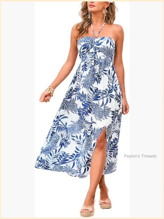 Dresses & Skirts - Halter Backless Sweetheart Midi Dress with Side Slit - Casual Beach Vacation